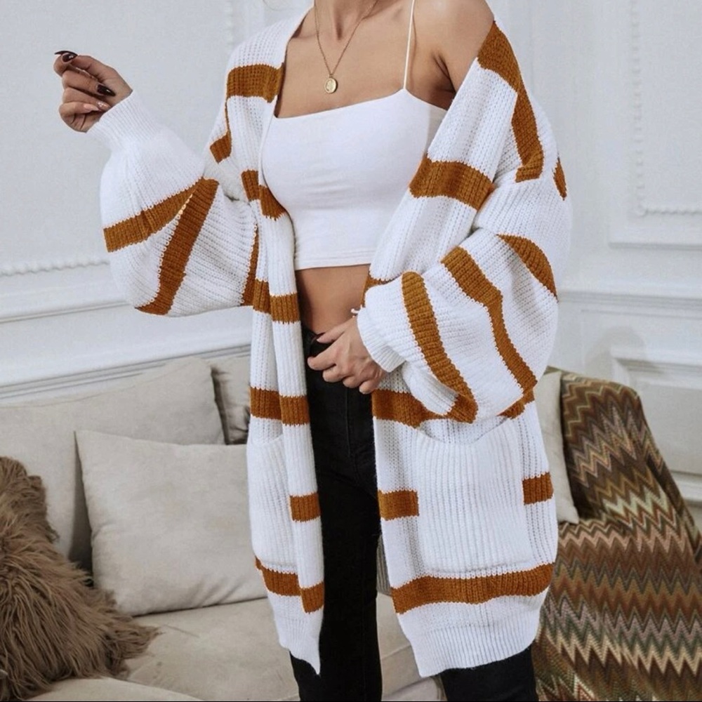 Lantern Sleeve Patch Pocket Striped Cardigan